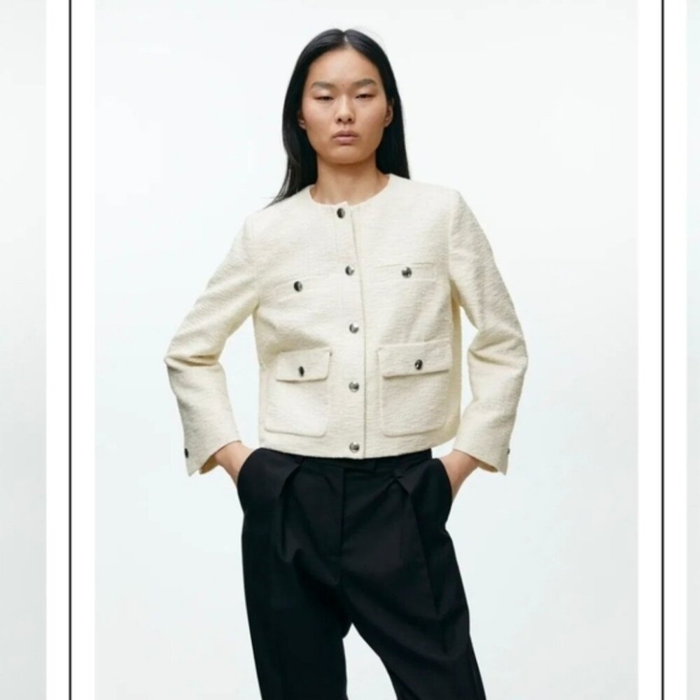NWT ARKET Cropped Boucle Jacket Sz 6 Off White Textured